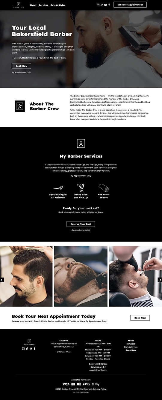 Homepage design for The Barber Crew, a Bakersfield barber website created by Liset Alanis Designs featuring a modern black-and-white layout, bold typography, and clean barber imagery.